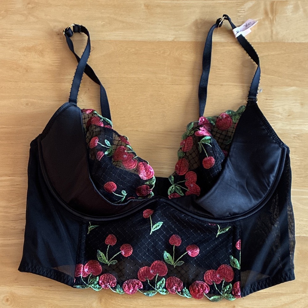 Victoria's Secret Very Sexy Underwire Longline Mesh Bra Cherry 36D Black Red